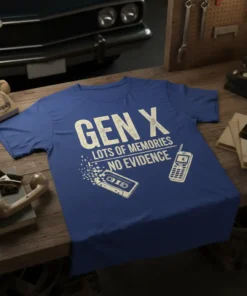 Gen X Lots of Memories No Evidence t-shirt with cassette tape and old cell phone graphic