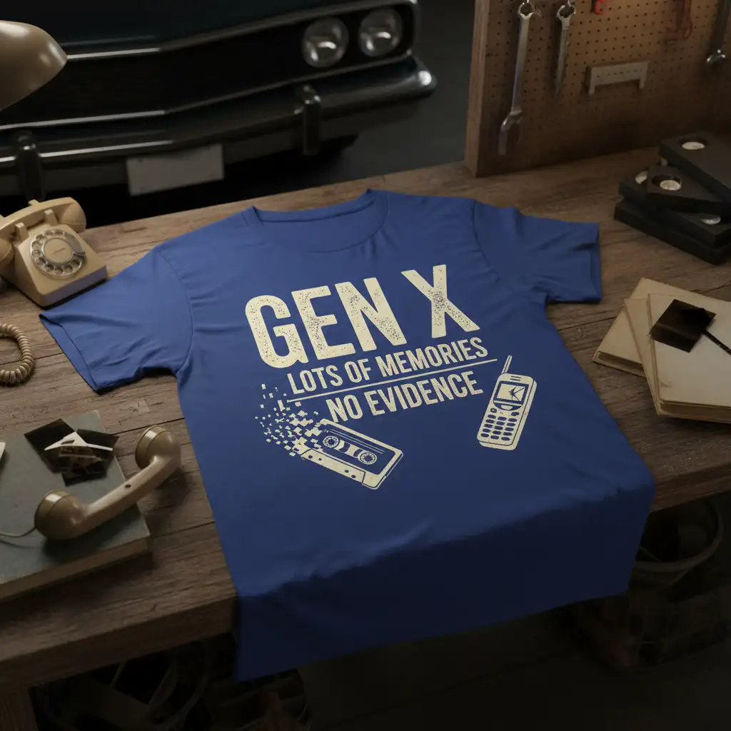 Gen X Lots of Memories No Evidence quote t-shirt with cassette tape and retro phone graphic