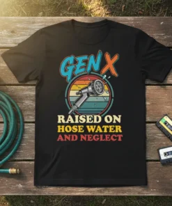 Gen X Raised On Hose Water And Neglect t-shirt with vintage retro design featuring a hose nozzle and sunset graphic