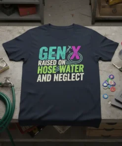 Gen X Raised On Hose Water And Neglect t-shirt with retro colorful text and graphic