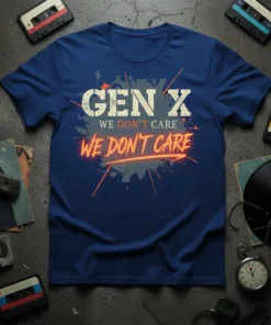 Gen X We Don't Care We Don't Care text graphic on a navy blue t-shirt with distressed spray paint effect