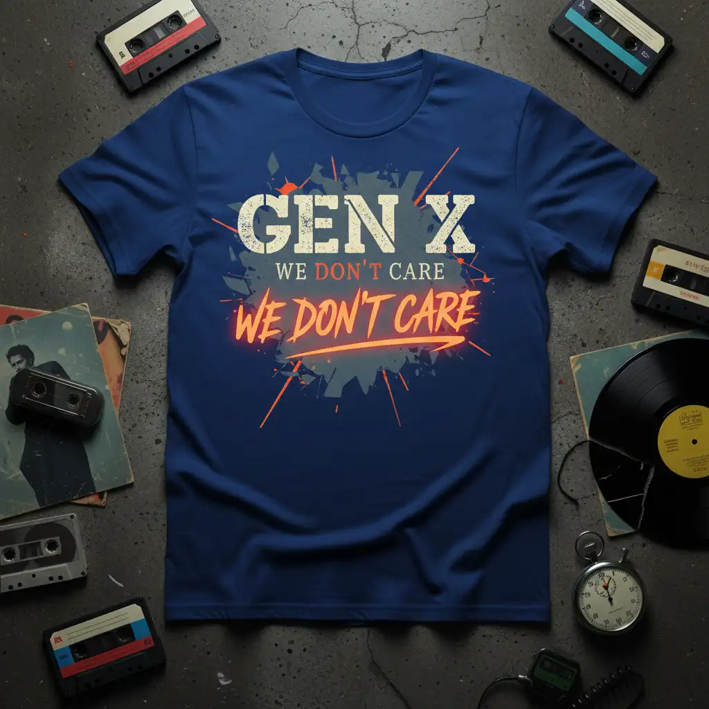 Gen X We Don't Care We Don't Care bold slogan on a navy t-shirt with retro graphic design elements