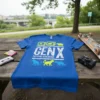 Blue t-shirt with "GEN X THE FERAL GENERATION" in distressed white font, featuring retro TV and animal graphics
