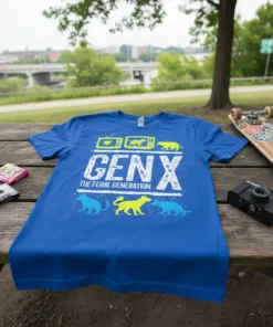 Blue t-shirt with "GEN X THE FERAL GENERATION" in distressed white font, featuring retro TV and animal graphics