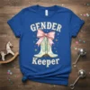 Royal blue t-shirt with "GENDER Keeper" text and cowboy boots graphic, featuring a pink bow and stars
