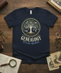 Genealogy It's All Relative T-Shirt with a detailed family tree graphic and vintage fonts