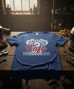 GENERATION Fafo ESTD 1974 t-shirt design with vintage motorcycle engine graphic and checkered flag accents