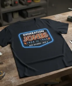 Generation Jones 1954 to 1965 Not Boomer Not X text design on a black t-shirt with neon-style border