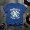 Generation X 1965 1980 We Don't Care text design on a blue t-shirt, featuring bold distressed typography and lightning bolt