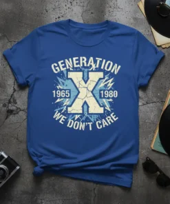 Generation X 1965 1980 We Don't Care text design on a blue t-shirt, featuring bold distressed typography and lightning bolt