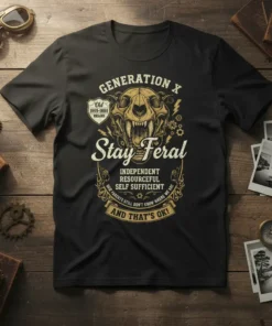 Generation X Stay Feral quote t-shirt design featuring a wildcat skull and bold typography. Includes text: Independent, Resourceful, Self Sufficient