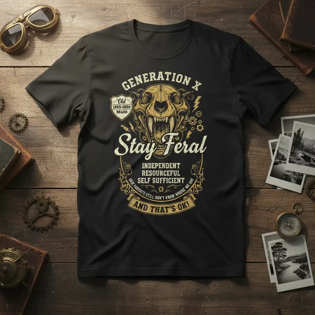 Generation X Stay Feral quote design with wildcat skull, emphasizing independence, resourcefulness, and self-sufficiency for Gen X individuals