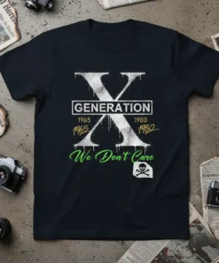 Generation X We Don't Care retro t-shirt design with distressed 'X' graphic and 80s fonts