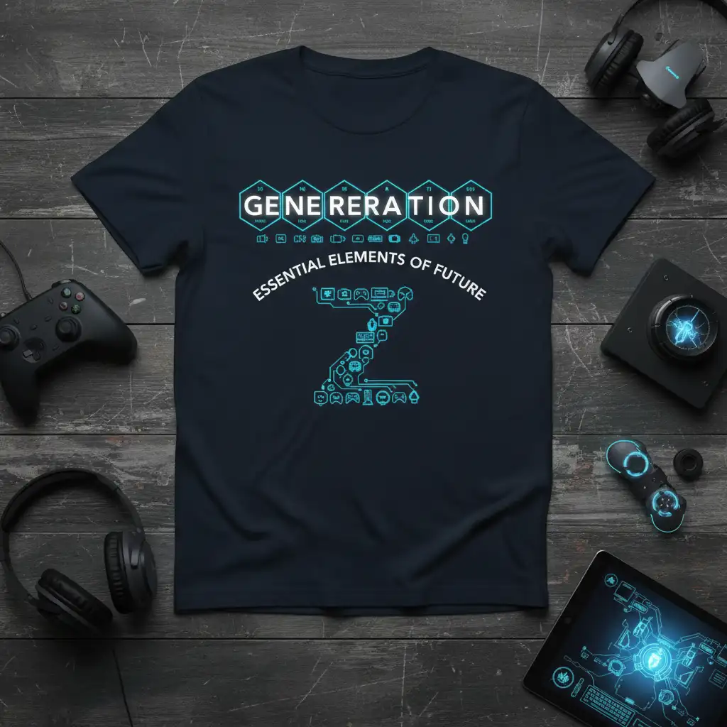 GENERATION ESSENTIAL ELEMENTS OF FUTURE eye-catching design printed on comfortable cotton fabric creating a standout t-shirt