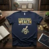 Navy t-shirt with gold text "GENERATIONAL WEALTH SEE IT, BELIEVE IT, ACHIEVE IT." and a gold arrow with gears graphic
