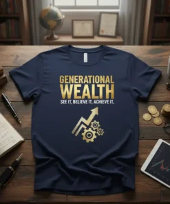 Navy t-shirt with gold text "GENERATIONAL WEALTH SEE IT, BELIEVE IT, ACHIEVE IT." and a gold arrow with gears graphic