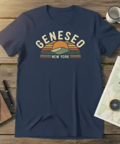 Geneseo New York retro sunset t-shirt with vintage styling and mountains graphic