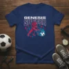 Genesis Soccer T-Shirt with a red lion dribbling a soccer ball, bold white text reads GENESIS SOCCER