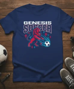 Genesis Soccer T-Shirt with a red lion dribbling a soccer ball, bold white text reads GENESIS SOCCER