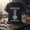 Black t-shirt with "GENETIC SPIN EVOLUTION IN MOTION" text, featuring a DNA helix atop a colorful spinning top graphic