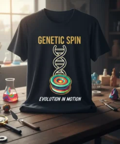 Black t-shirt with "GENETIC SPIN EVOLUTION IN MOTION" text, featuring a DNA helix atop a colorful spinning top graphic