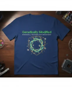 Genetically Modified STEM CELL TRANSPLANT RECIPIENT t-shirt design featuring DNA helix and science graphics