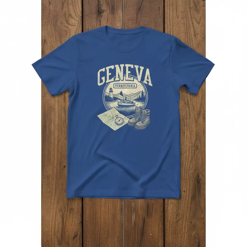 Geneva Pennsylvania graphic t-shirt with vintage map, compass, and boat illustration