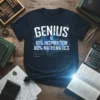 T-shirt with white text "GENIUS IS 10% INSPIRATION 80% MATHEMATICS" on a dark blue background with circuit board graphics