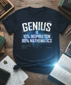 T-shirt with white text "GENIUS IS 10% INSPIRATION 80% MATHEMATICS" on a dark blue background with circuit board graphics