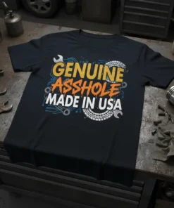 Genuine Asshole Made In USA text design with wrench and tire graphics on a black t-shirt