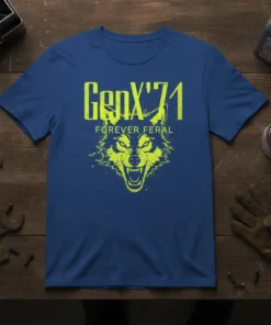 GenX'71 Forever Feral T-Shirt with a neon yellow wolf graphic and distressed text