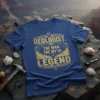 Geologist The Man The Myth Legend quote on a blue t-shirt with gold distressed lettering and mountain graphic