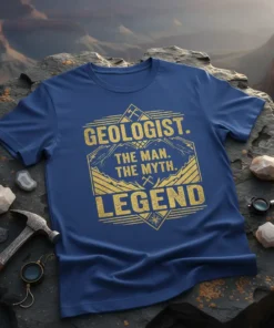 Geologist The Man The Myth Legend quote on a blue t-shirt with gold distressed lettering and mountain graphic