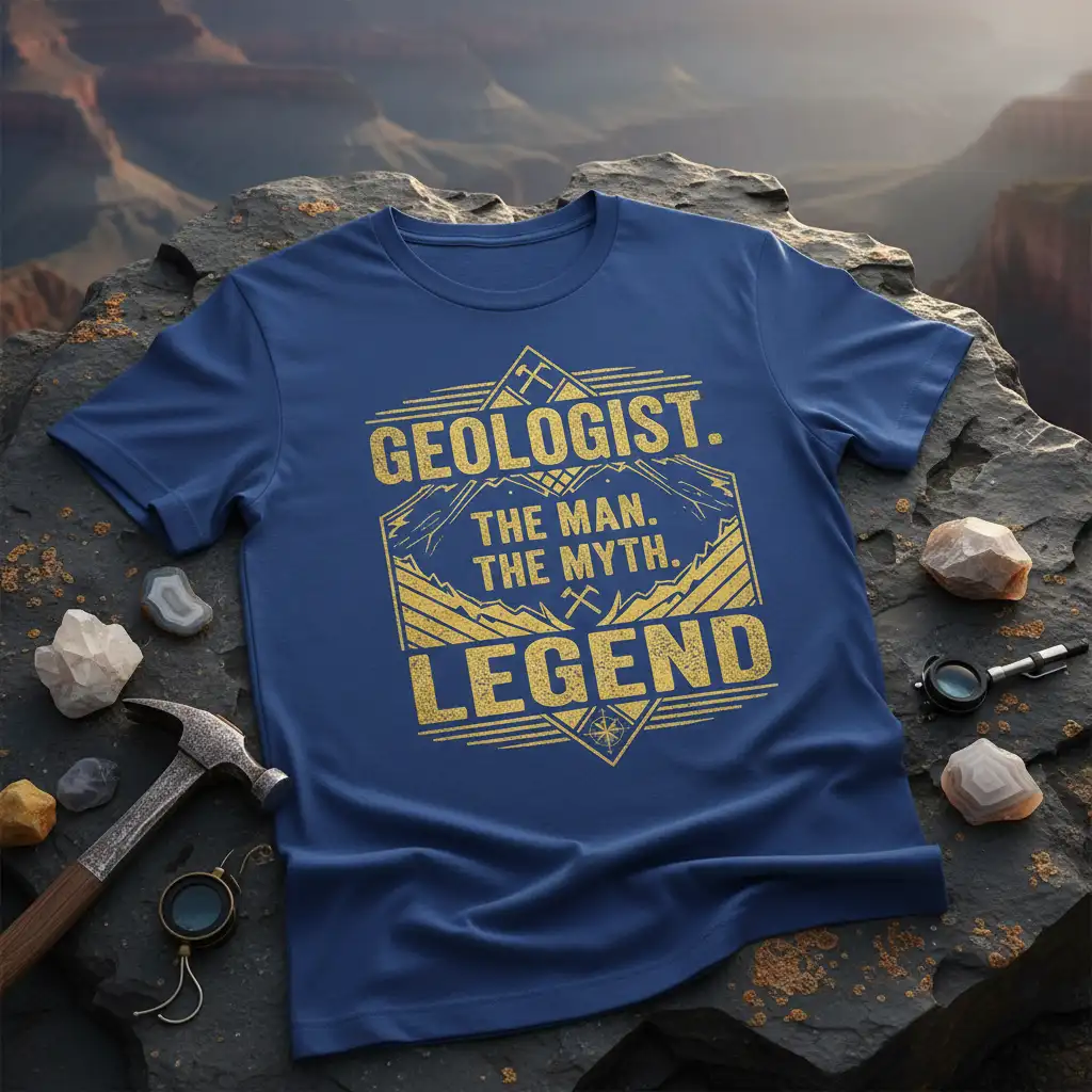 Geologist The Man The Myth Legend quote on a blue t-shirt with distressed gold typography and a hexagonal mountain graphic