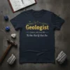 Navy t-shirt with gold glitter text reading "Geologist" and "The Other Kind Of Rock Star," featuring mountains and a phonetic