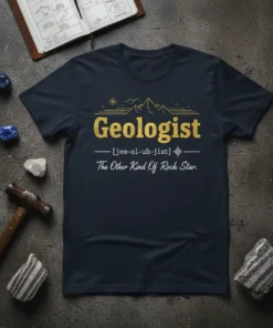 Navy t-shirt with gold glitter text reading "Geologist" and "The Other Kind Of Rock Star," featuring mountains and a phonetic