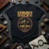 Geology Rocks Rocks t-shirt featuring crossed hammers, mountains, and crystals in a circular emblem