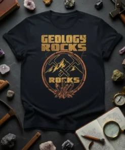 Geology Rocks Rocks t-shirt featuring crossed hammers, mountains, and crystals in a circular emblem