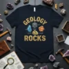 Geology Rocks t-shirt with illustrations of Apatite, Galena, Soip, and Calcite crystals
