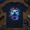 Geometric cat head design with tongue out and stars, vibrant low-poly style, featured on a navy t-shirt