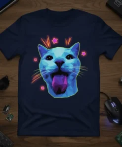 Geometric cat head design with tongue out and stars, vibrant low-poly style, featured on a navy t-shirt