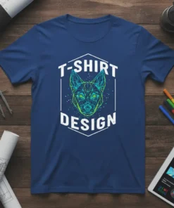 Geometric dog head design with "T-Shirt Design" text, rendered in a modern, polygonal style on a blue t-shirt