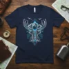 Geometric elk antlers design with mountains and birds, featuring circuit board elements on a navy blue t-shirt