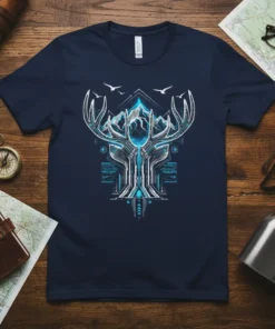 Geometric elk antlers design with mountains and birds, featuring circuit board elements on a navy blue t-shirt