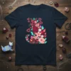 Geometric floral cat design with hearts and leaves, rendered in vibrant colors on a navy t-shirt