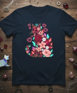 Geometric floral cat design with hearts and leaves, rendered in vibrant colors on a navy t-shirt
