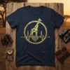 Geometric giraffe silhouette with a heartbeat line and ornate heart on a navy blue t-shirt, Giraffe Heartbeat Design