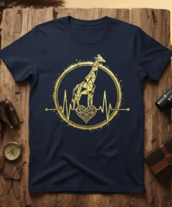 Geometric giraffe silhouette with a heartbeat line and ornate heart on a navy blue t-shirt, Giraffe Heartbeat Design