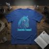 Geometric horse head design with neon blue and orange lines on a royal blue t-shirt. Primary keyword: horse head