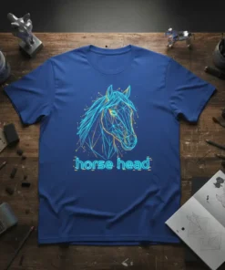 Geometric horse head design with neon blue and orange lines on a royal blue t-shirt. Primary keyword: horse head